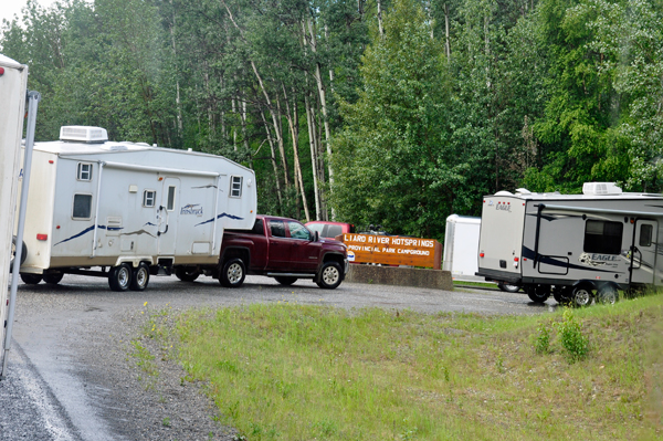 the line-up of RVs to get into Liard River Hot Springs